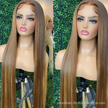 Cheap Wholesale Highlight Piano Honey Brown Color Bone Straight Brazilian Human Hair HD Lace Frontal Natural Wigs Pre Pluck